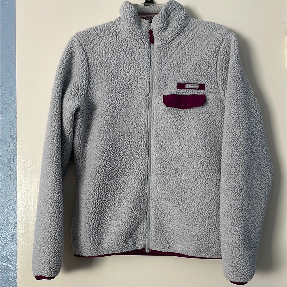 Columbia women’s Gray Fleece Jacket with Burgundy Accents, size M